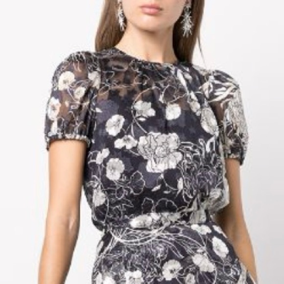 NWT Marchesa Notte sz 14 short sleeve navy & white floral chiffon top w/camisole - Picture 2 of 6